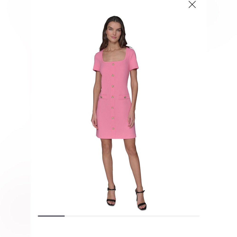 Karl Lagerfeld Paris Women’s Flower-Button Square-Neck Sheath Dress